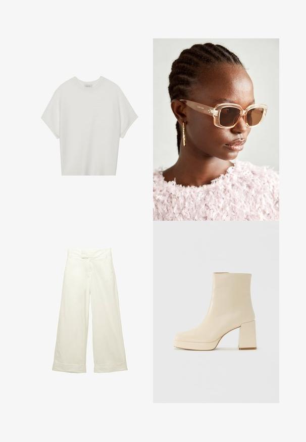 Tricou alb cu mânecă scurtă, cu guler larg și model texturat cu dungi, realizat dintr-un material moale, având o croială lejeră și un design curat.; Pantaloni larga dintr-un material moale, crem. Prezintă un brâu plat și mansete rulate. Textură netedă cu un design curat și minimalist.; Cizmă de gleznă din piele bej, cu toc pătrat și talpă platformă, cu un finisaj neted și vârf ușor pătrat, orientată spre stânga pe fundal alb.; Ochelari de soare bej supradimensionați cu rame transparente și lentile cu nuanță maronie, având accente florale subtile și un design geometric îndrăzneț.