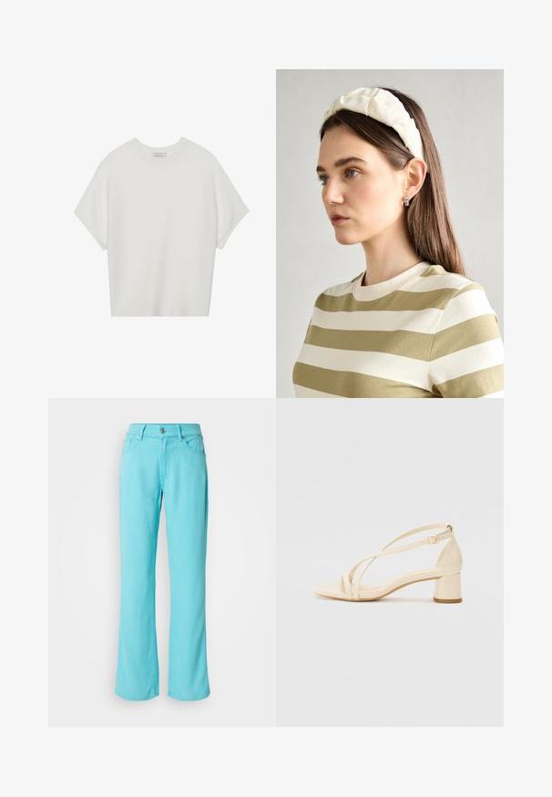Fehér, rövid ujjú póló széles kerek nyakkivágással és textúrázott, bordás mintával, puha anyagból készült, laza fazonú és letisztult dizájnú.; Világoskék, bő szabású farmernadrág. Gombbal és cipzárral záródik, öt zsebe van, és varrott részletekkel rendelkezik az alján.; Krémszínű, blokk sarkú szandálok, pántos kialakítással és állítható bokapánttal, sima szintetikus anyagból, matt felülettel.; Krém színű párnázott fejpánt csavaros kivitelezéssel, bézs és fehér csíkos pólóval párosítva, kerek nyakkivágással. Diszkrét ékszer kiegészítők.