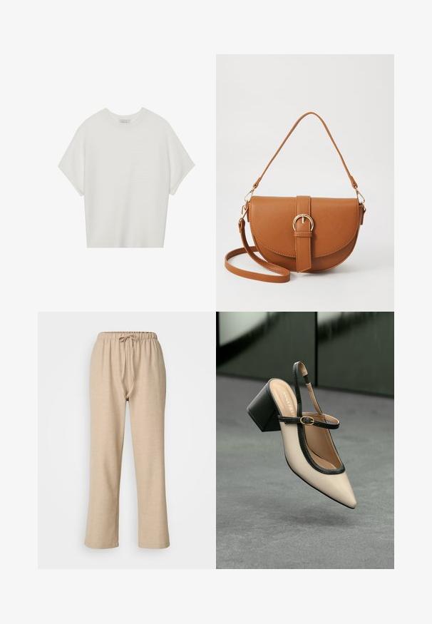 T-shirt bianca a maniche corte con scollo rotondo ampio e texture a coste, realizzata in tessuto morbido, caratterizzata da una vestibilità rilassata e un design pulito.; ONLY Petite ONLAMAHLE STRAIGHT PULL UP - Pantaloni - pumice stone; Scarpa beige con punta a stivale, con rifiniture nere, fibbia dorata e tacco a blocco spesso su un pavimento grigio con sfondo verde scuro.; Borsa a tracolla in pelle marrone con forma curvata, hardware dorato e un dettaglio con fibbia. Presenta una tracolla rimovibile.