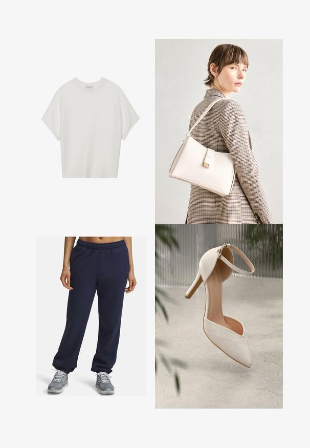 Balta trumpa rankovėmis marškinėliai su plačiu apykakle ir tekstūruotu gumbelių raštu, pagaminti iš minkštos medžiagos, pasižymintys laisvu siluetu ir tvarkingu dizainu.; Tamsiai mėlynos sportinės kelnės su elastine juosta, turi užsegimus prie kulkšnies ir subtilų logotipą šone, pagamintos iš minkštos, kvėpuojančios medžiagos.; Balti aukštakulniai bateliai iš lygios medžiagos su smailiu pirštu ir kulkšnies dirželiu. Yra šviesiai rudos spalvos vidus ir auksinės spalvos detalės.; Balto odos rankinė su struktūrizuotu dizainu, turinti magnetinį užsegimą ir petnešą, demonstruojama prieš neutralią foną.