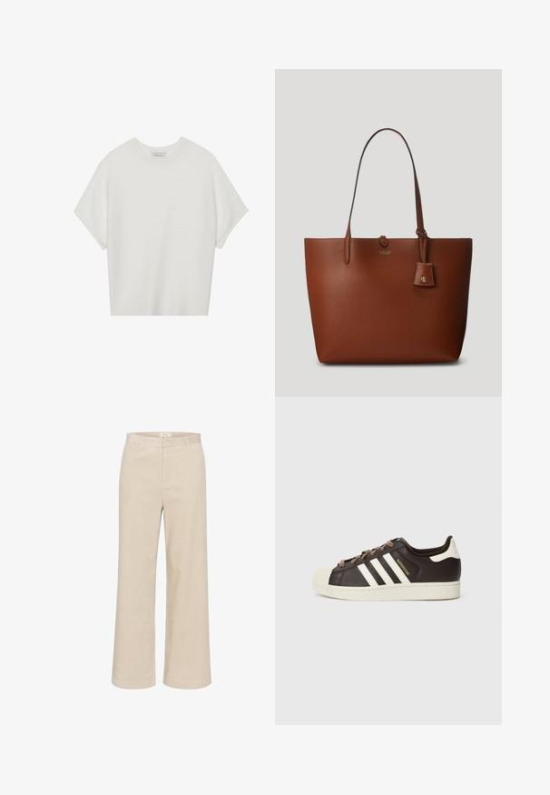 Witte T-shirt met korte mouwen, een brede ronde hals en een gestructureerd ribpatroon, gemaakt van zachte stof. Het shirt heeft een ontspannen pasvorm en een strakke uitstraling.; Beige wijde corduroy broek met een subtiele ribbelstructuur, riemlussen, voorrits en twee zijzakken.; Low-top Adidas Superstar sneaker in donkerbruin leer met crème shell-toe, witte strepen en de tekst "Superstar" aan de zijkant.; Bruine lederen tote bag met twee handvatten, een klein bijgevoegd label en een subtiele logo aan de voorkant. Glad textuur met gestructureerde vorm.