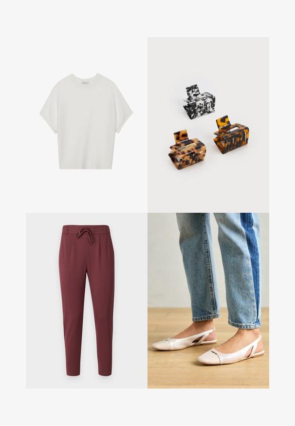 Biela tričko s krátkym rukávom a širokým okrúhlym výstrihom, s textúrovaným rebrovaným vzorom, vyrobené z mäkkej látky, s uvoľneným strihom a čistým dizajnom.; Burgundské elastické nohavice v páse s nastaviteľnou šnúrkou, zúžené nohavice a hladká, jemná textúra látky. Obsahujú predné záhyby pre elegantný vzhľad.; Svetloružové slingback baleríny s jemne špicatou špičkou, vyrobené z hladkého materiálu pripomínajúceho kožu. Majú výrezové detaily na stranách a plochý opätok.; Tričko na vlasy: jedno čierno-biele mramorované, dve korytnačie v hnedej a čiernej farbe, všetky vyrobené z lesklého plastu s textúrovaným povrchom.