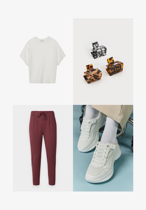 Biela tričko s krátkym rukávom a širokým okrúhlym výstrihom, s textúrovaným rebrovaným vzorom, vyrobené z mäkkej látky, s uvoľneným strihom a čistým dizajnom.; Burgundské elastické nohavice v páse s nastaviteľnou šnúrkou, zúžené nohavice a hladká, jemná textúra látky. Obsahujú predné záhyby pre elegantný vzhľad.; Biele tenisky s materiálom z mlátenice, gumovou podrážkou, bezšnúrovým dizajnom s elastickými pásikmi a pozlátenými akcentmi.; Tričko na vlasy: jedno čierno-biele mramorované, dve korytnačie v hnedej a čiernej farbe, všetky vyrobené z lesklého plastu s textúrovaným povrchom.