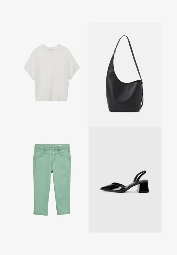 Valge lühikeste varrukatega T-särk laia ümaraha kaelusega ja tekstureeritud ribapatterniga, pehmest kangast, lõdva istuvuse ja puhta disainiga.; Heledad rohelised lühikesed püksid puuvillast, millel on sile tekstuur. Omab ees taskuid, nööp- ja lukusuletust ning äärise aktsente.; Mustad musta lakknahk kingad, millel on terav varvas ja geomeetriline plokkkonts. Omab elegantselt minimalistlikku disaini ja sujuvat tekstuuri.; Mustast nahast hobo kott, millel on sile tekstuur, kumer kuju ja üks reguleeritav rihm; peal on lai avaus.