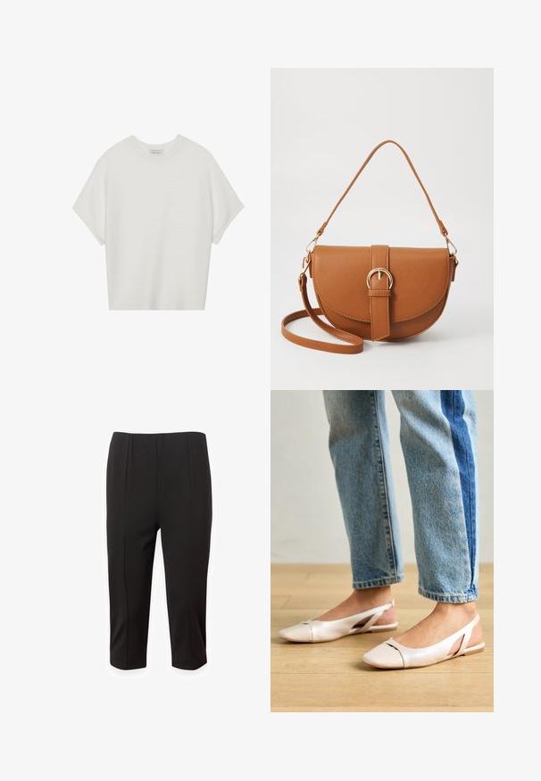 Camiseta branca de mangas curtas com um decote careca largo e um padrão texturizado canelado, feita de tecido suave, com um corte relaxado e um design limpo.; Calças pretas cropped feitas de tecido suave, com um design bem ajustado, apresentando pregas frontais e um corte reto. Sem bolsos visíveis ou adornos.; Sapatilhas slingback de cor rosa pálido com bico fino, feitas de um material semelhante a couro liso. Apresentam detalhes recortados nas laterais e um salto plano.; Bolsa transversal de couro castanho com um formato curvado, ferragens douradas e um detalhe de fivela. Inclui uma alça de ombro destacável.