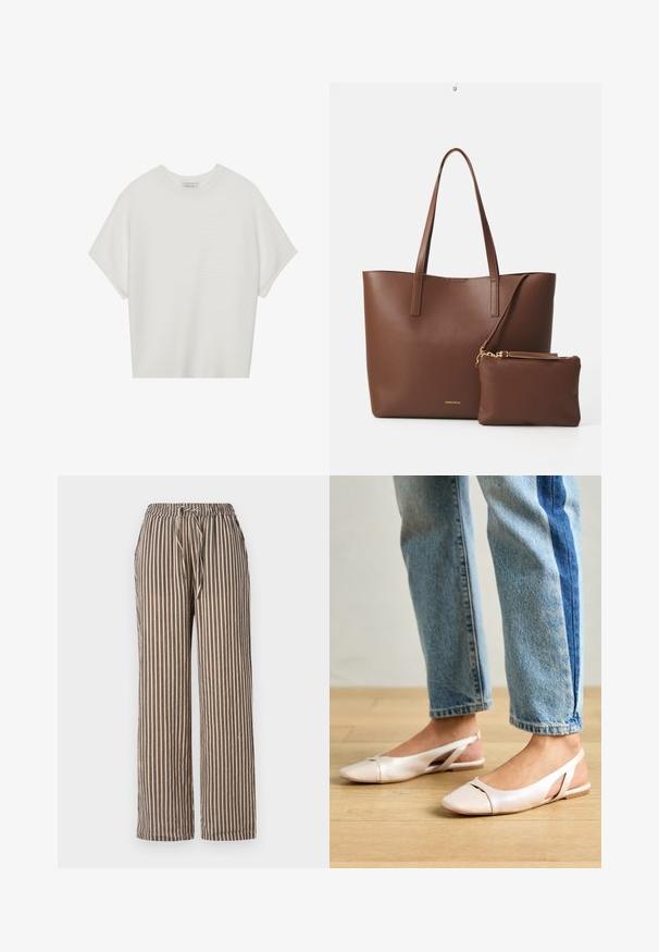 Bijela majica kratkih rukava s širokim okruglim izrezom i teksturiranim rebrastim uzorkom, izrađena od mekog materijala, s opuštenim krojem i čistim dizajnom.; Prugaste hlače širokih nogavica u bež boji s tamnoplavim vertikalnim prugama. Imaju elastični pojas sa vezicom i bočne džepove. Mekana tekstura tkanine.; Svijetlo ružičaste slingback balerinke s šiljastim vrhom, izrađene od glatkog materijala nalik koži. Sadrže izrezane detalje sa strane i ravnu petu.; Smeđa torba od umjetne kože s dva duga ručka i odgovarajućom malom torbicom. Površina ima teksturirani uzorak i zlatne metalne detalje.