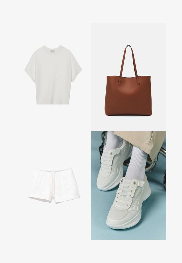 Witte T-shirt met korte mouwen, een brede ronde hals en een gestructureerd ribpatroon, gemaakt van zachte stof. Het shirt heeft een ontspannen pasvorm en een strakke uitstraling.; Witte katoenen shorts met een elastische tailleband en een trekkoord, met een gladde textuur en zonder patronen of extra accenten.; Witte sneakers met een mesh materiaal, rubberen zool, vetersloze uitvoering met elastische banden en gouden accenten.; Bruine leren tote bag met een gladde textuur, een ontwerp met een open bovenkant en twee schouderbanden. Kenmerkt zich door minimale stiksels en geen zichtbare hardware.