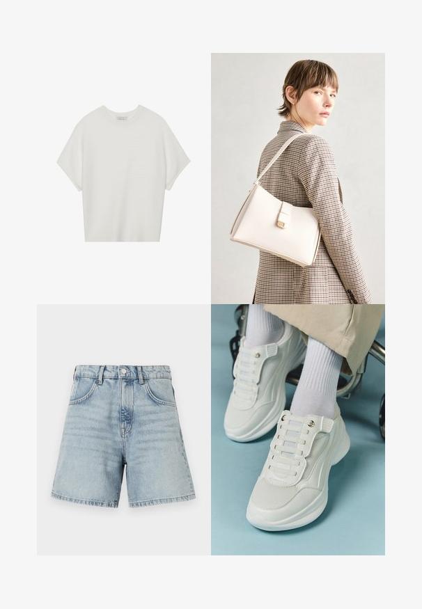 Balta īsā piedurknē T-krekls ar plašu apļa kaklu un teksturētu ribu rakstu, izgatavots no mīksta auduma, ar brīvu piegriezumu un tīru dizainu.; Gaiši zili džinsu šorti ar augstu jostasvietu, piecu kabatu dizainu un neapstrādātu apakšmalu. Audums ir mazliet izbalējis ar redzamām šuvju detaļām.; Baltie sporta apavi ar sietu materiālu, gumijas zoli, bez šņoru dizainu ar elastīgām beigām un zeltainiem akcentiem.; Balta ādas rokassoma ar strukturētu dizainu, kurai ir magnētiska aizdare un plecu josta, parādīta uz neitrāla fona.