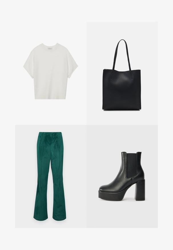 Tricou alb cu mânecă scurtă, cu guler larg și model texturat cu dungi, realizat dintr-un material moale, având o croială lejeră și un design curat.; Pantaloni evazați din catifea verde, cu un tiv elastic și textură cu nervuri verticale. Prezintă o croială dreaptă de la talie până la tiv.; Cizmă de gleznă din piele neagră, cu toc gros, panouri laterale elastice și o textură netedă. Are un talpă cu platformă pentru un plus de înălțime.; Geantă tote neagră din piele, cu textură netedă, formă rectangulară și două mânere lungi. Fără hardware vizibil sau ornamente.