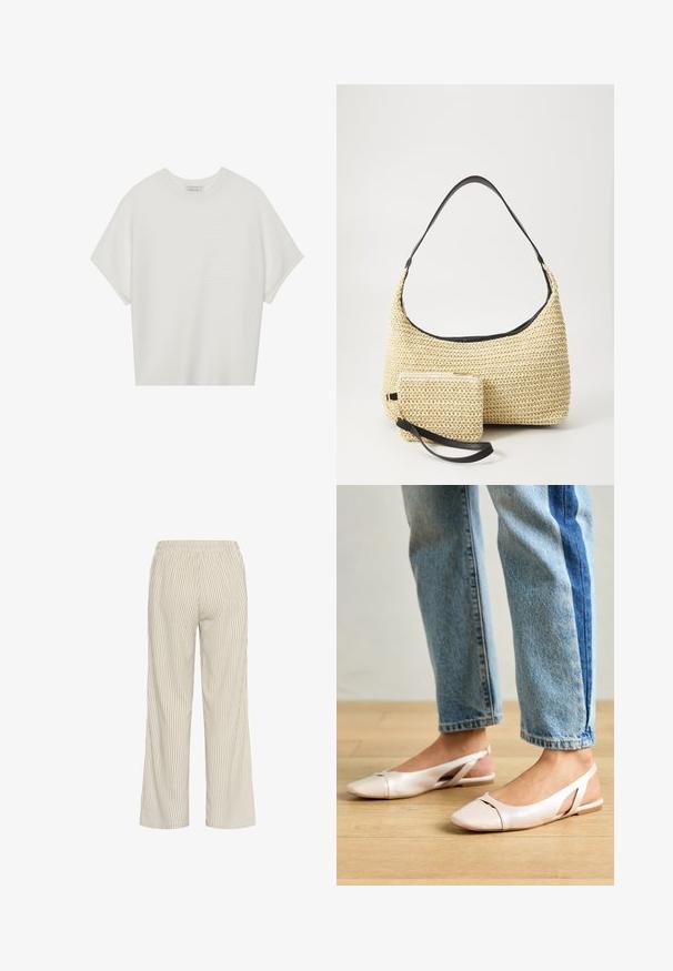 Valge lühikeste varrukatega T-särk laia ümaraha kaelusega ja tekstureeritud ribapatterniga, pehmest kangast, lõdva istuvuse ja puhta disainiga.; Heledad beežide triibulised püksid, millel on lahtine lõige, elastne vöökoht ja vertikaalsed jooned, mis loovad tekstuurilise välimuse.; Kahvatu roosa slingback lapikute jalatsite paar, millel on terav varvas, valmistatud siledast nahataolisest materjalist. Omab külgedel lõikekohti ja lapikut kontsa.; Kootud õlekott, millel on kõver siluett, ja sile must nahkrihm ning sobiv väike kott, mis on kinnitatud randme rihmaga.