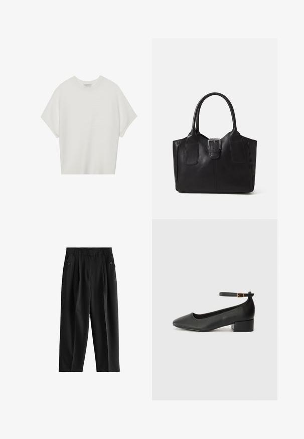 Fehér, rövid ujjú póló széles kerek nyakkivágással és textúrázott, bordás mintával, puha anyagból készült, laza fazonú és letisztult dizájnú.; Fekete nadrág széles lábakkal, elöl redőkkel és két oldalsó zsebbel, gombos díszítéssel. Simogató, könnyű szövet.; Fekete bőr magassarkú cipő hegyes orral és alacsony tömb sarkal. Bokapánttal rendelkezik, aranyszínű csattal. Simább textúra.; Fekete bőr bevásárlótáska sima textúrával, strukturált formával, két fogantyúval és egy figyelemfelkeltő ezüst csattal az elején.