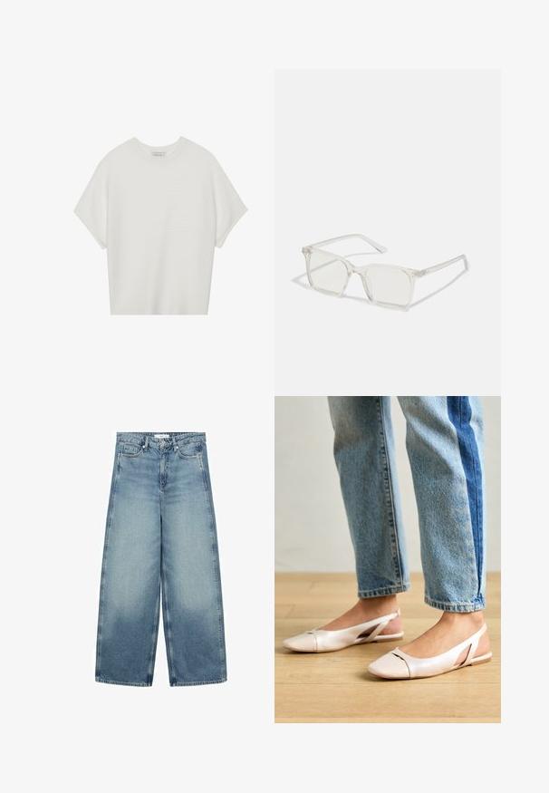 T-shirt bianca a maniche corte con scollo rotondo ampio e texture a coste, realizzata in tessuto morbido, caratterizzata da una vestibilità rilassata e un design pulito.; Jeans in denim di un blu chiaro a gamba larga, con vita alta, design a cinque tasche e leggera scoloritura davanti e dietro.; Ballerine slingback rosa pallido con punta affusolata, realizzate in un materiale simile alla pelle liscio. Presentano dettagli a taglio sui lati e un tacco piatto.; Occhiali da sole quadrati in plastica trasparente con lenti traslucide, caratterizzati da dettagli in oro sulle tempie.; Borsa a mano bianca strutturata con manici corti e tracolla, dotata di dettagli in metallo dorato e materiale testurizzato, esposta su uno sfondo grigio.