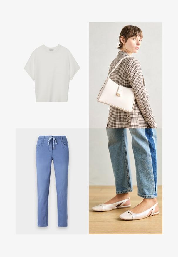 Bijela majica kratkih rukava s širokim okruglim izrezom i teksturiranim rebrastim uzorkom, izrađena od mekog materijala, s opuštenim krojem i čistim dizajnom.; Svijetloplave hlače s elastičnim pojasom, dva prednja džepa i uskim krojem. Tkanina ima mekanu teksturu s suptilnim detaljima šivanja.; Svijetlo ružičaste slingback balerinke s šiljastim vrhom, izrađene od glatkog materijala nalik koži. Sadrže izrezane detalje sa strane i ravnu petu.; Bijela kožna torba s čvrstim dizajnom, s magnetskim kopčanjem i remenom za rame, prikazana na neutralnoj pozadini.