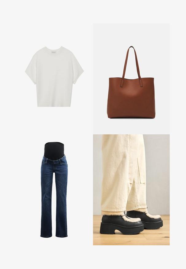 Bela majica s kratkimi rokavi in širokim ovratnikom ter teksturiranim rebrastim vzorcem, izdelana iz mehke tkanine, z udobnim krojem in čistim dizajnom.; Materinski jeans z raztegljivim črnim zgornjim panelom, modra denim tkanina, ravne nogavice in stil s petimi žepi ter pasnimi zankami.; Črne platforme čevlje z okroglo konico, ki imajo puhasto smetano barve ovratnik in vezalne detajle, v kombinaciji z ohlapnimi bež hlačami na lesenem tleh.; Rjava usnjena torba z gladko teksturo, odprto zasnovo zgoraj in dvema naramnima trakovoma. Opremljena je z minimalnim šivanjem in brez vidnih kovinskih delov.