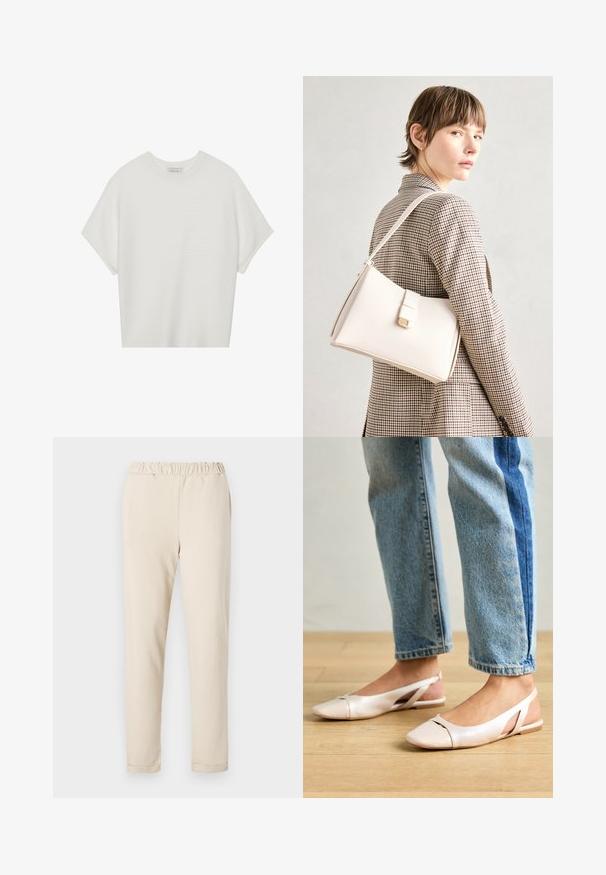 Camiseta blanca de manga corta con cuello redondo amplio y patrón acanalado texturizado, hecha de una tela suave, con un corte relajado y un diseño limpio.; Pantalones de algodón beige con cintura con frunce, diseño de pierna recta y sin patrones visibles, con una textura suave y dobladillo sencillo.; Bailarinas de color rosa pálido con tiras traseras y punta puntiaguda, fabricadas con un material similar al cuero suave. Presentan detalles recortados en los laterales y un tacón plano.; Bolso de mano de cuero blanco con un diseño estructurado, que presenta un cierre magnético y una correa para el hombro, exhibido sobre un fondo neutro.