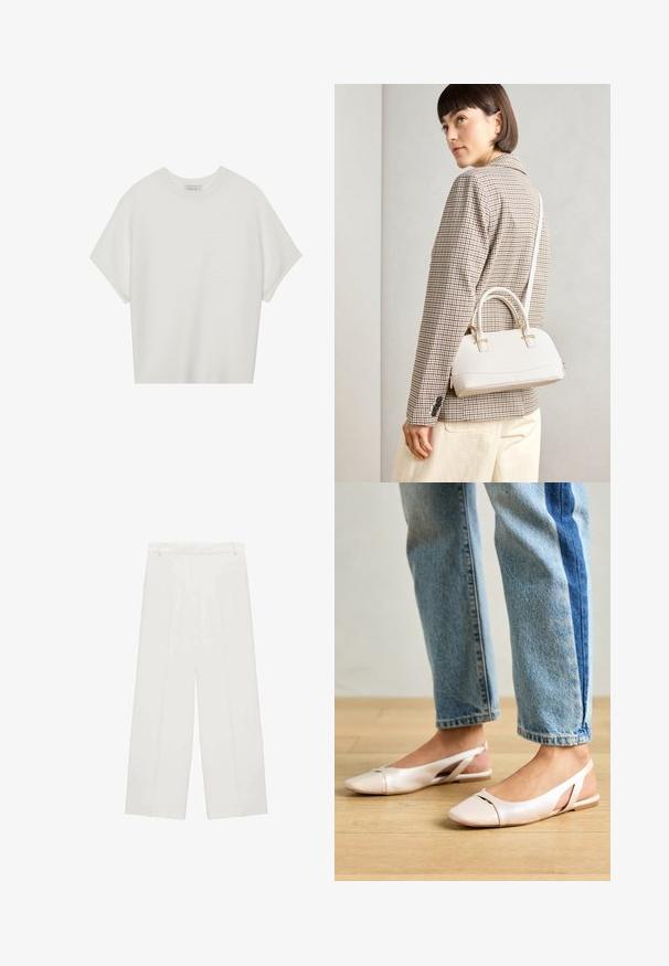 White short-sleeve t-shirt with a wide crew neck and textured ribbed pattern, made of soft fabric, featuring a relaxed fit and a clean design.; Wide-leg trousers in lightweight white fabric; features a high waist, flat front with pleats, side pockets, and a relaxed fit.; Pale pink slingback flats with a pointed toe, made from a smooth leather-like material. Features cut-out details at the sides and a flat heel.; White structured handbag with short handles and a shoulder strap, featuring gold hardware accents and textured material, displayed against a grey background.