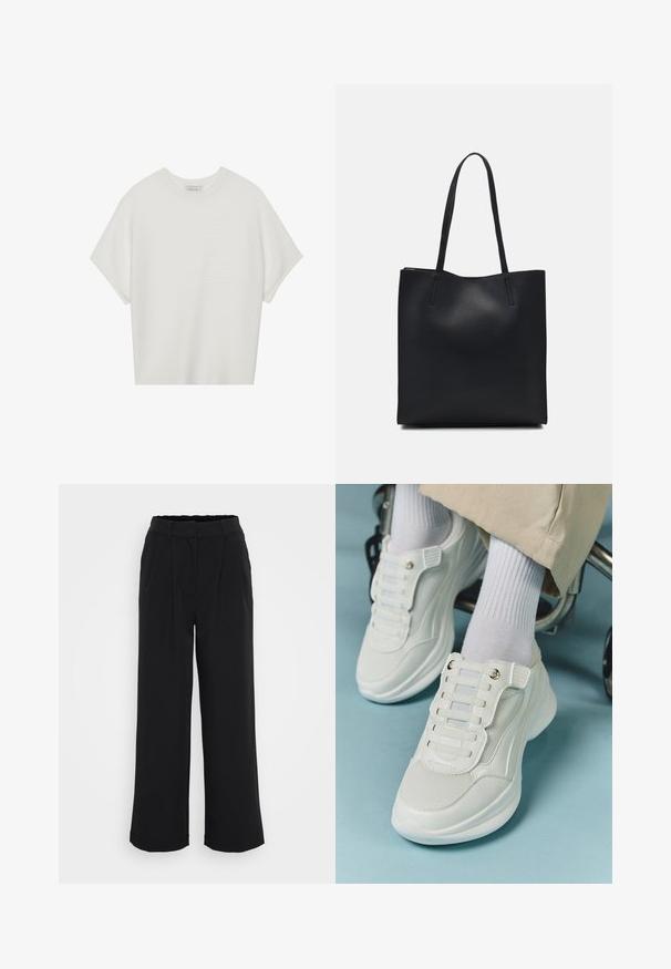 T-shirt blanc à manches courtes avec un large col rond et un motif côtelé texturé, fabriqué en tissu doux, présentant une coupe décontractée et un design épuré.; Pantalons larges noirs en tissu lisse, avec un devant plissé, une taille élastique et sans poches ni éléments métalliques visibles.; Baskets blanches avec un matériau en maille, semelle en caoutchouc, design sans lacets avec des bandes élastiques et accents dorés.; Sac fourre-tout en cuir noir avec une texture lisse, de forme rectangulaire et deux longues poignées. Pas de matériel ou d'ornementations visibles.