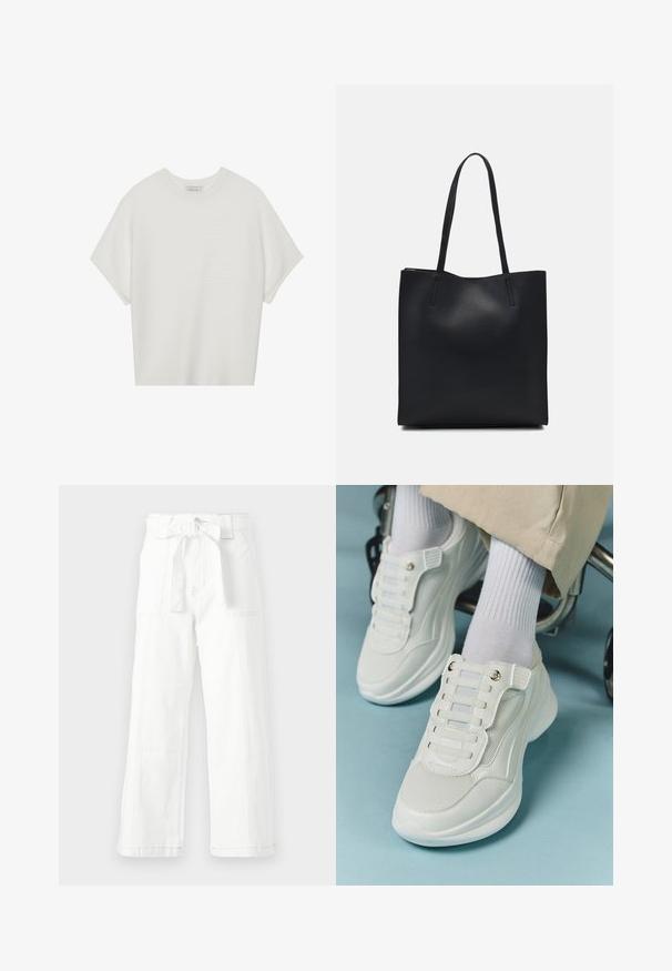 Bílý krátký rukáv tričko s širokým kulatým výstřihem a texturovaným žebrovaným vzorem, vyrobené z měkké látky, s uvolněným střihem a čistým designem.; Bílé bavlněné kalhoty se širokými nohavicemi, které mají přední zavazovací pas, boční kapsy a viditelné švy.; Bílé tenisky s materiálem z mešové tkaniny, gumovou podrážkou, bezšňůrovým designem s elastickými pásky a zlatými akcenty.; Černá kožená taška přes rameno s hladkým povrchem, obdélníkovým tvarem a dvěma dlouhými uchy. Žádné viditelné kování ani ozdoby.