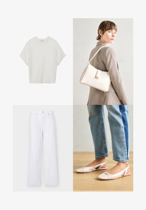 White short-sleeve t-shirt with a wide crew neck and textured ribbed pattern, made of soft fabric, featuring a relaxed fit and a clean design.; White wide-leg jeans made of denim, featuring a high waist, front button closure, and subtle stitching details along the pockets and seams.; Pale pink slingback flats with a pointed toe, made from a smooth leather-like material. Features cut-out details at the sides and a flat heel.; White leather handbag with a structured design, featuring a magnetic clasp and a shoulder strap, showcased against a neutral background.