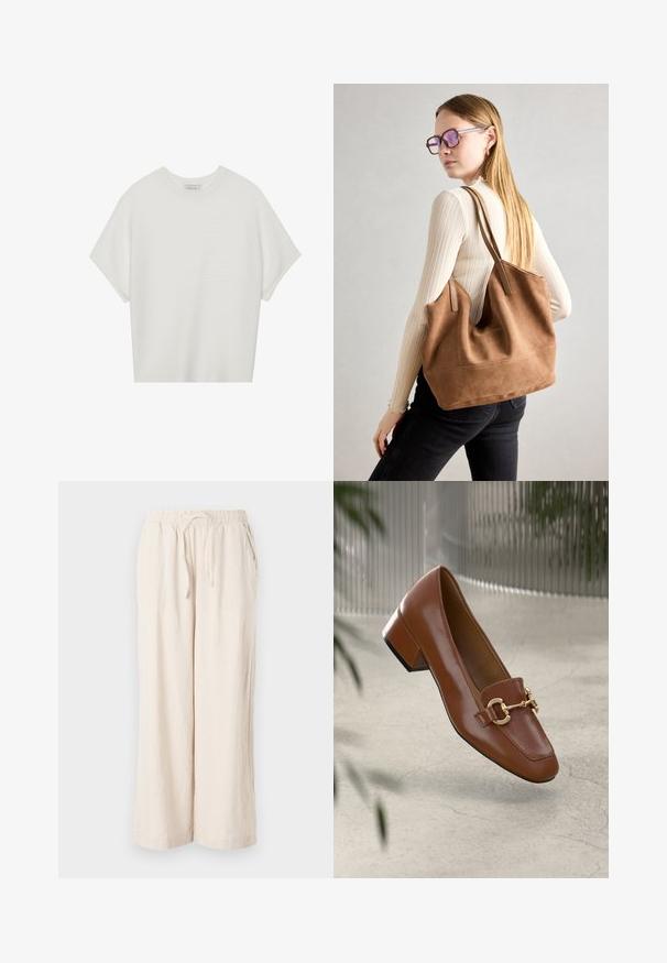 Valkoinen lyhythihainen t-paita, jossa on leveä pyöreä kaula-aukko ja teksturoitu ribbikuvio, valmistettu pehmeästä kankaasta, rento malli ja siisti muotoilu.; Vaahtokankaiset vaaleanbeiget leveälahkeiset housut, joissa on joustava vyötärö ja etutaskut. Huoleton rakenne, kevyt kangas, nilkkapituinen muotoilu.; Ruskea kiiltävä nahkaloaferi neliönmuotoisella varpaalla, metalliketjuaktsentilla ja matalalla tukijalalla; sileä rakenne, minimalistinen muotoilu.; Ruskea nubukkivuoriolaukku, jossa on pehmeä rakenne, tilava avaus ja pitkät hihnat. Ominaisuuksiin kuuluu yksinkertainen muotoilu näkyvine ompeleineen ja ilman metalliosia.