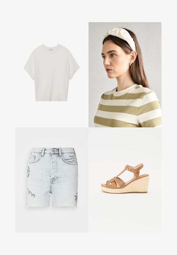 T-shirt blanc à manches courtes avec un large col rond et un motif côtelé texturé, fabriqué en tissu doux, présentant une coupe décontractée et un design épuré.; Des shorts en jean délavé présentent un ourlet effiloché, des motifs floraux brodés en bleu, et un style traditionnel à cinq poches avec une fermeture à bouton en métal.; Sandales compensées en tan avec un design à lanières croisées, boucle réglable à la cheville et une semelle compensée en espadrille tissée texturée.; Un bandeau en créme rembourré avec un design torsadé, associé à une chemise rayée beige et blanche à col rond. Accent de bijoux discrets.