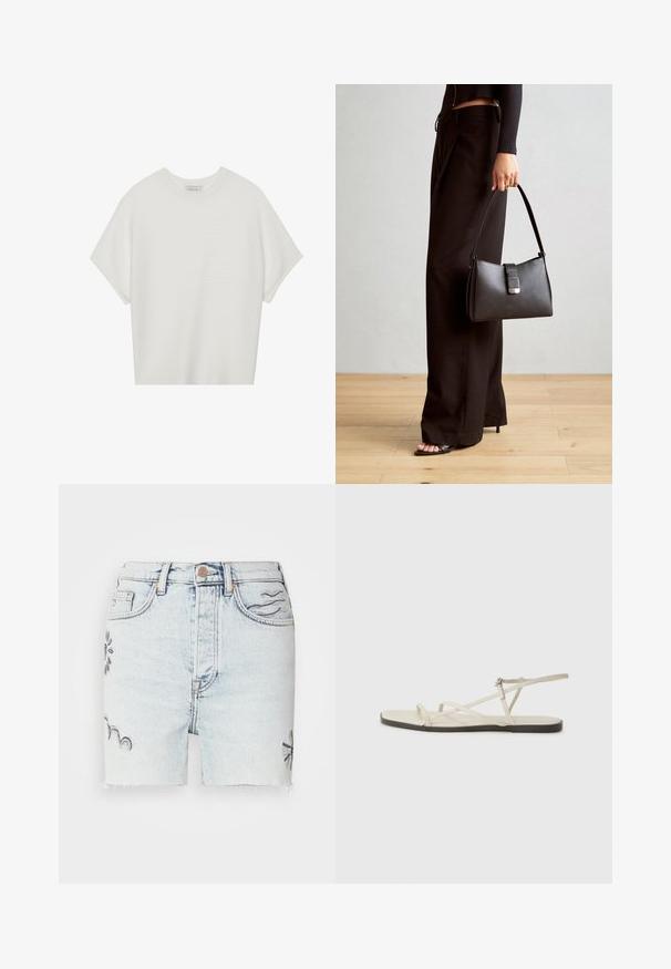 T-shirt bianca a maniche corte con scollo rotondo ampio e texture a coste, realizzata in tessuto morbido, caratterizzata da una vestibilità rilassata e un design pulito.; I pantaloni corti in denim chiaro presentano un orlo sfrangiato, ricami floreali blu e uno stile tradizionale a cinque tasche con chiusura a bottone metallico.; Sandal in beige piatta con multiple cinghie sottili e una fibbia regolabile. La suola è piatta con un leggero contrasto scuro lungo il bordo.; Borsa nera con forma strutturata, texture liscia e una chiusura metallica. Abbinata a pantaloni neri larghi e sandali open-toe su un pavimento in legno.
