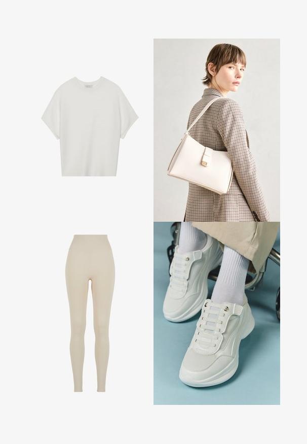 Witte T-shirt met korte mouwen, een brede ronde hals en een gestructureerd ribpatroon, gemaakt van zachte stof. Het shirt heeft een ontspannen pasvorm en een strakke uitstraling.; Beige legging gemaakt van rekbare stof met een hoge tailleband; gladde textuur, aansluitende silhouet, geen zichtbare patronen of hardware details.; Witte sneakers met een mesh materiaal, rubberen zool, vetersloze uitvoering met elastische banden en gouden accenten.; Witte leren handtas met een gestructureerd ontwerp, voorzien van een magneetsluiting en een schouderriem, tentoongesteld tegen een neutrale achtergrond.