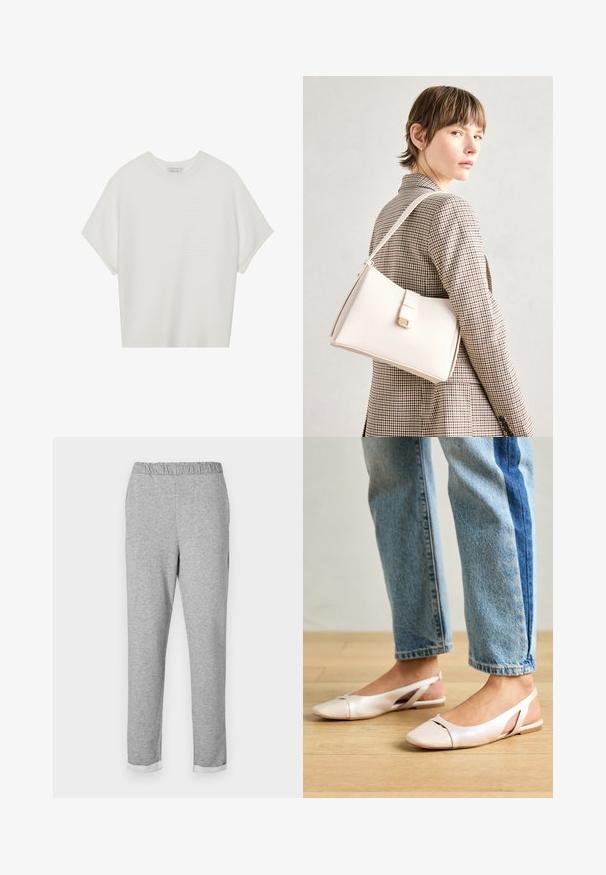 Balta īsā piedurknē T-krekls ar plašu apļa kaklu un teksturētu ribu rakstu, izgatavots no mīksta auduma, ar brīvu piegriezumu un tīru dizainu.; Pelēki sporta bikses ar elastīgu jostasvietu, sašaurināta kāju dizains un salocīts apakšmalā. Mīksta faktūra bez redzamām apdrukām vai akcentiem.; Bālti rozā siksniņu dzīvokļi ar smailu purngalu, izgatavoti no gludas ādas līdzīgās materiāla. Iezīmē izgriezumu detaļas sānos un platu papēdi.; Balta ādas rokassoma ar strukturētu dizainu, kurai ir magnētiska aizdare un plecu josta, parādīta uz neitrāla fona.