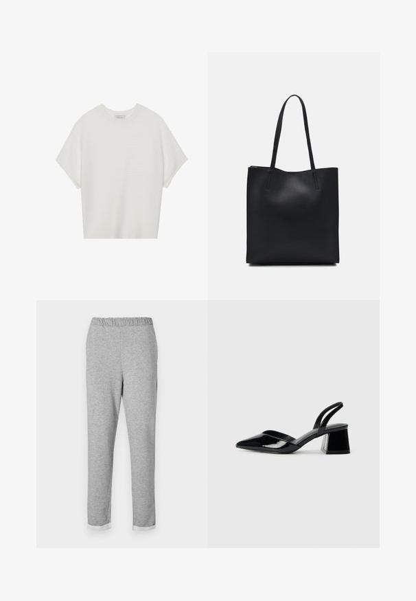Bílý krátký rukáv tričko s širokým kulatým výstřihem a texturovaným žebrovaným vzorem, vyrobené z měkké látky, s uvolněným střihem a čistým designem.; Šedé tepláky s elastickým pasem, designem s zúženou nohavicí a přehnutým manžetovým zakončením. Měkká textura bez viditelných vzorů nebo akcentů.; Černé lakované kožené lodičky na pásku s špičatou špičkou a geometrickým blokovým podpatkem. Vyznačují se elegantním, minimalistickým designem a hladkým povrchem.; Černá kožená taška přes rameno s hladkým povrchem, obdélníkovým tvarem a dvěma dlouhými uchy. Žádné viditelné kování ani ozdoby.