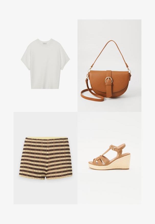 Hvit t-skjorte med korte ermer, bred rund hals og teksturert ribbet mønster, laget av myk stoff, med en avslappet passform og et enkelt design.; strikkede shorts i beige med brune og sorte striper; har en ribbet tekstur og et elastisk gult liv. ; Brune kile-sandaler med kryssremdesign, justerbar ankelspenne og en teksturert vevd espadrille-stil kile.; Brun lærcrossbody-veske med en buet form, gullhardware og et spenneakcent. Har en avtakbar skulderreim.