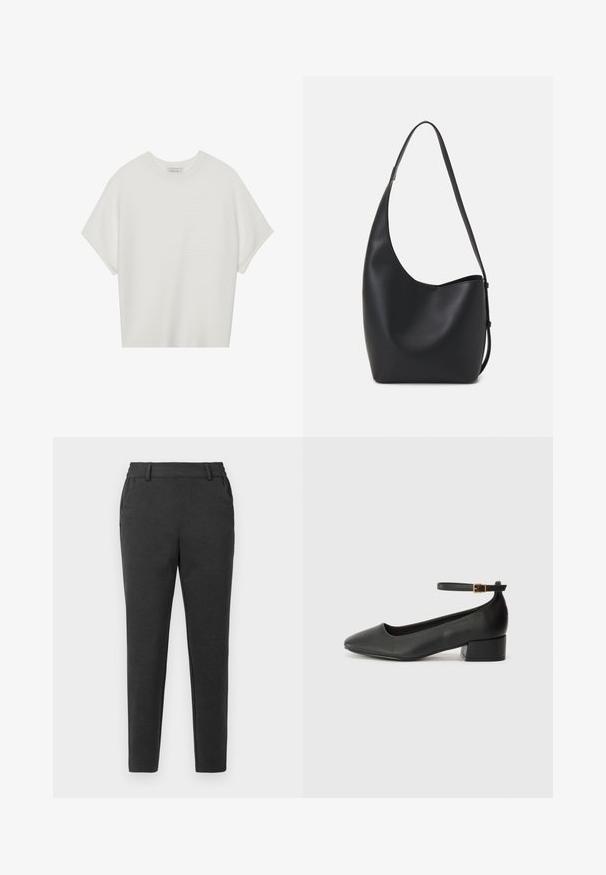 Valge lühikeste varrukatega T-särk laia ümaraha kaelusega ja tekstureeritud ribapatterniga, pehmest kangast, lõdva istuvuse ja puhta disainiga.; Tumed hallid kitsad püksid vöökohaga, küljetaskute ja kitseneva jala disainiga heledal ühetoonilisel taustal.; Must mustaapp, millel on terav nina ja madal blokk-kand. Omab pahkluu rihma koos kuldse tooni pandlaga. Sile tekstuur.; Mustast nahast hobo kott, millel on sile tekstuur, kumer kuju ja üks reguleeritav rihm; peal on lai avaus.