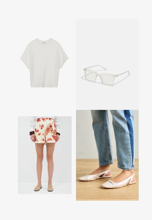 Valkoinen lyhythihainen t-paita, jossa on leveä pyöreä kaula-aukko ja teksturoitu ribbikuvio, valmistettu pehmeästä kankaasta, rento malli ja siisti muotoilu.; Kukkarishortit vaaleassa kermanvärissä punaisilla ja oransseilla kuvioilla, joissa on laskokset edessä ja käännetyt lahkeet, valmistettu kevyestä kankaasta.; Vaaleanpunaiset slingback-ballerinat, joissa on terävä kärki, valmistettu sileästä nahkamaisesta materiaalista. Sivujen leikkuuyksityiskohdat ja tasapohja.; Selkeä muovinen neliönmuotoinen kehyslasit, joissa on läpinäkyvät linssit ja kultaset mäntäraudat lisäämään yksityiskohtia.