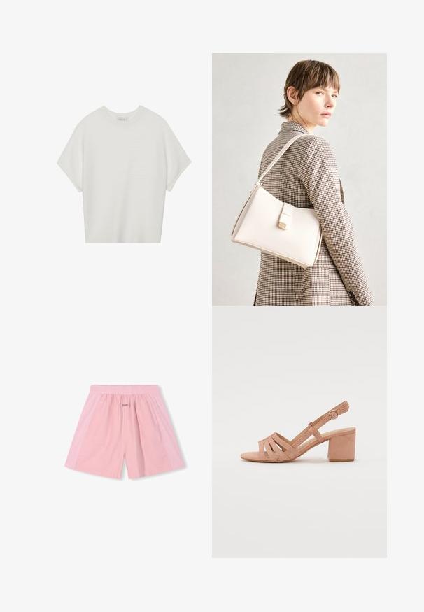 Witte T-shirt met korte mouwen, een brede ronde hals en een gestructureerd ribpatroon, gemaakt van zachte stof. Het shirt heeft een ontspannen pasvorm en een strakke uitstraling.; 10DAYS BERMUDA  - Shorts - bright raspberry; Blush roze sandaal met een blokhak, met een strappy ontwerp, open teen en een verstelbare enkelband met een ronde gespaccent.; Witte leren handtas met een gestructureerd ontwerp, voorzien van een magneetsluiting en een schouderriem, tentoongesteld tegen een neutrale achtergrond.