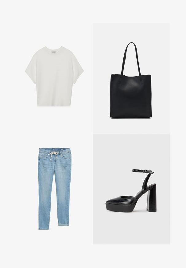 Valge lühikeste varrukatega T-särk laia ümaraha kaelusega ja tekstureeritud ribapatterniga, pehmest kangast, lõdva istuvuse ja puhta disainiga.; Heledad blue denim püksid sirge lõikega, elastse paelaga vöökohal, rulliotste ja ees olevate taskutega. Kujundatud peente kulumiste jaotusega.; Mustad platvormi kontsad terava ninaga ja reguleeritava pahkluuraamiga. Valmistatud siledast nahast, funktsioneerib massiivse plokknäheeliga.; Mustast nahast kott sujuva tekstuuriga, ristkülikukujuline ja kahe pika sangaga. Pole nähtavat riistvara ega kaunistusi.