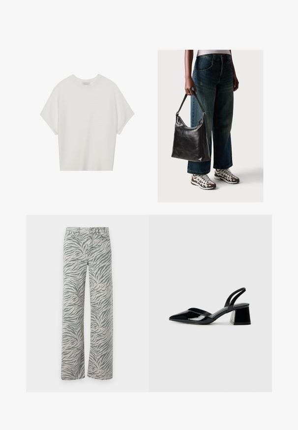 Vit kortärmad t-shirt med bred rund halsringning och texturerad ribbad mönster, tillverkad av mjukt material, med avslappnad passform och en ren design.; Ljust grå jeans med ett tigersträckmönster i mörkgrått. De har en rak bendesign och traditionell denimstygn.; Svarta lackläder slingback klackar med spetsig tå och geometrisk klack. Har en elegant, minimalistisk design och slät yta.; Svart läderaxelväska med en slät yta och justerbar rem, i kombination med urtvättade vida jeans och sportiga sneakers.
