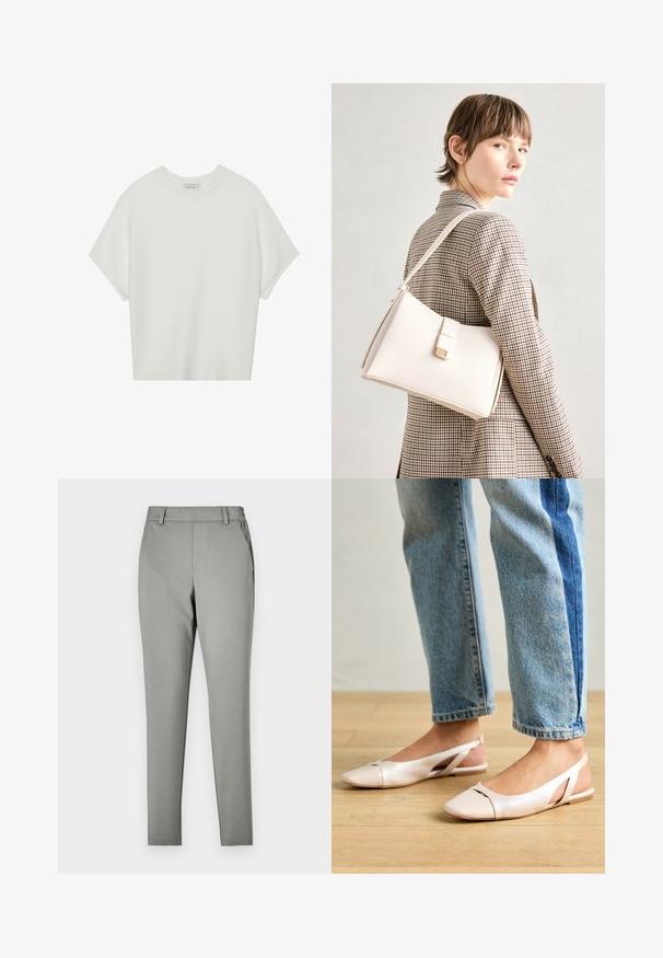 Hvid kortærmet t-shirt med en bred rund hals og struktureret ribbet mønster, lavet af blødt stof, med en afslappet pasform og et enkelt design.; Lysegrå bukser med en skræddersyet pasform, lavet af et glat stof. Har en talje med bælteløkker og sidelommer, samt en tilspidset ben-design.; Lyserøde slingback flade sko med spidse tær, lavet af et glat læderlignende materiale. Har udskæringsdetaljer på siderne og en flad hæl.; Hvid læder håndtaske med en struktureret design, der har en magnetlukning og en skulderrem, præsenteret mod en neutral baggrund.