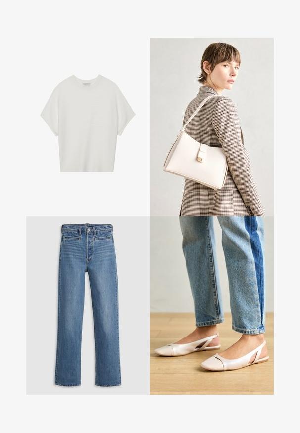 Bela majica s kratkimi rokavi in širokim ovratnikom ter teksturiranim rebrastim vzorcem, izdelana iz mehke tkanine, z udobnim krojem in čistim dizajnom.; Svetlo modri, ravni džins hlače iz denima. Značilnosti vključujejo gumbasto zadrgo, pet žepov in subtilno zbledelost. Brez okrasnih elementov ali vzorcev.; Svijetloružičaste slingback balerinke s šiljastim nožnim prstima, napravljene od glatkog materijala nalik koži. Imaju izrezane detalje sa strane i ravne pete.; Bela usnjena torba s strukturirano zasnovo, opremljena z magnetnim zapiranjem in naramnico, prikazana na nevtralni ozadju.