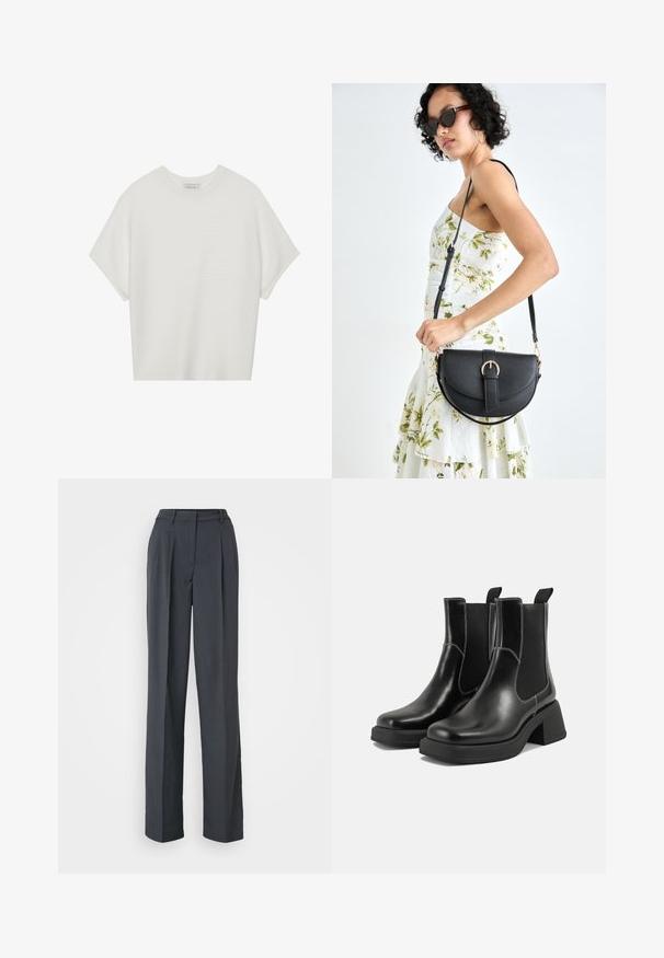 Vit kortärmad t-shirt med bred rund halsringning och texturerad ribbad mönster, tillverkad av mjukt material, med avslappnad passform och en ren design.; Mörkgrå vida byxor i strukturväv. Har framviktningar, en platt midja och en ren design utan utsmyckningar.; Svarta läder Chelsea-boots med en kraftig klack, elastiska sidpaneler och kontrasterande vit sömnad. Texturerad yta.; Svart läderhandväska med en böjd form, avtagbar rem och guldiga detaljer. Väskan har ett lock med en spänndetalj.
