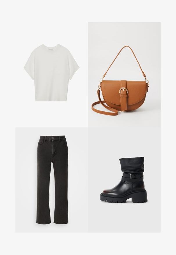 White short-sleeve t-shirt with a wide crew neck and textured ribbed pattern, made of soft fabric, featuring a relaxed fit and a clean design.; Black wide-leg jeans made of denim, featuring a front button closure, belt loops, and five pockets with a slightly faded texture.; Black leather ankle boot with a slouchy upper, buckle detail, and thick, rugged sole. Features a round toe and smooth texture.; Brown leather crossbody bag with a curved shape, gold hardware, and a buckle accent. Features a detachable shoulder strap.