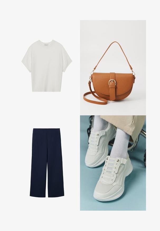 Hvit t-skjorte med korte ermer, bred rund hals og teksturert ribbet mønster, laget av myk stoff, med en avslappet passform og et enkelt design.; Marineblå vide bukser laget av lett stoff, med et rent design og rett snitt, samt sidelommer og ingen synlige lukninger.; Hvite sneakers med mesh-materiale, gummisåle, snøret design uten laces og elastiske bånd, samt gulltone detaljer.; Brun lærcrossbody-veske med en buet form, gullhardware og et spenneakcent. Har en avtakbar skulderreim.