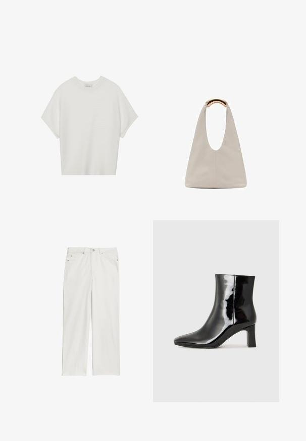 Bílý krátký rukáv tričko s širokým kulatým výstřihem a texturovaným žebrovaným vzorem, vyrobené z měkké látky, s uvolněným střihem a čistým designem.; Bílé džíny z denimu se střihovým designem rovného nohavice, obsahující přední kapsy a kovové knoflíkové detaily. Hladký povrch s minimem prošití.; Černé lakované kotníkové boty s špičatou špičkou a středně vysokým blokovým podpatkem. Hladká textura a minimalistický design.; Světlá šedá kožená taška s U-tvarovaným designem a zakřivenou kovovou rukojetí. Hladký povrch s minimálním šitím a bez viditelných vzorů.