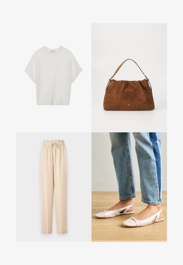 Bijela majica kratkih rukava s širokim okruglim izrezom i teksturiranim rebrastim uzorkom, izrađena od mekog materijala, s opuštenim krojem i čistim dizajnom.; Bež hlače od laganog materijala s elastičnom waist bandom, detaljem na vezanje i ravnim krojem. Glatka tekstura, minimalistički stil.; Svijetlo ružičaste slingback balerinke s šiljastim vrhom, izrađene od glatkog materijala nalik koži. Sadrže izrezane detalje sa strane i ravnu petu.; Smeđa nubuk torba s nabranim dizajnom, s jednim tamnim kožnim remenom i suptilnim zlatnim logotipom na prednjoj strani.