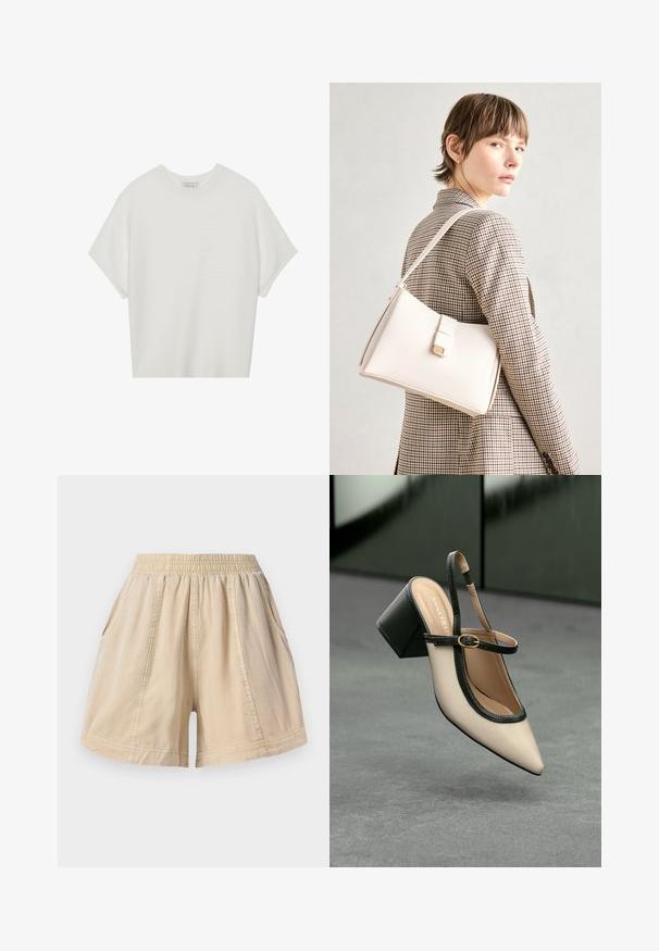 Valge lühikeste varrukatega T-särk laia ümaraha kaelusega ja tekstureeritud ribapatterniga, pehmest kangast, lõdva istuvuse ja puhta disainiga.; Bežid elastse paeltega lühikesed püksid küljetaskutega ja nähtavate õmblustega, valmistatud kergest kangast.; Beesidega teravatoe slingback king, musta äär ja kuldne pandla, tummise plokk-kontsa peal hallil põrandal tumesinise tausta ees.; Valge nahast käekott struktureeritud disainiga, millel on magnetlukk ja õlavarre rihm, esitletud neutraalse tausta ees.