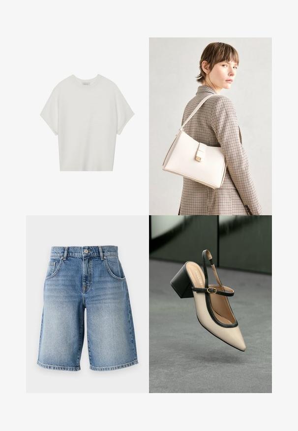 Camiseta blanca de manga corta con cuello redondo amplio y patrón acanalado texturizado, hecha de una tela suave, con un corte relajado y un diseño limpio.; Pantalones cortos de mezclilla en azul claro con un corte recto, cinco bolsillos y herrajes de bronce. Presentan un dobladillo deshilachado y una textura de lavado desgastado.; Zapato slingback de punta beige con ribete negro, hebilla dorada y un tacón cuadrado grueso sobre un suelo gris con fondo verde oscuro.; Bolso de mano de cuero blanco con un diseño estructurado, que presenta un cierre magnético y una correa para el hombro, exhibido sobre un fondo neutro.