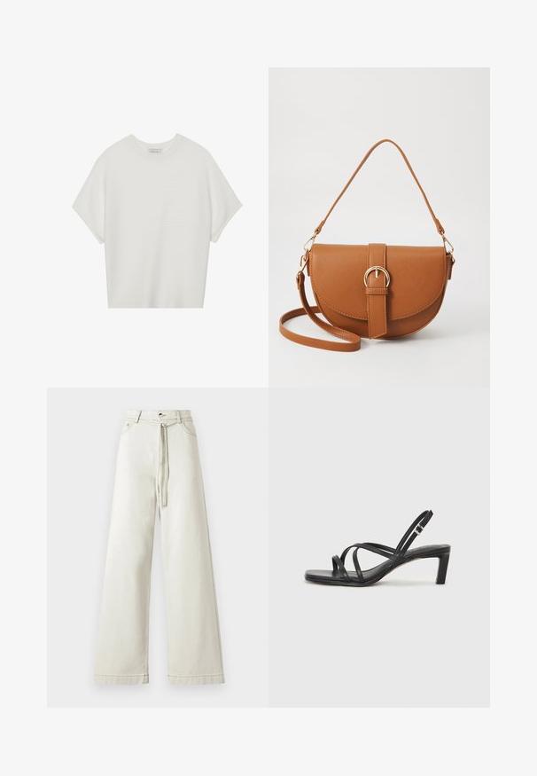 White short-sleeve t-shirt with a wide crew neck and textured ribbed pattern, made of soft fabric, featuring a relaxed fit and a clean design.; Light beige wide-leg trousers made of denim, featuring a high waist, a button closure, and a fabric belt. Smooth texture with subtle sheen.; Black strappy sandal with a square toe and a low block heel. Features multiple thin straps and an adjustable ankle strap. Made of smooth leather.; Brown leather crossbody bag with a curved shape, gold hardware, and a buckle accent. Features a detachable shoulder strap.