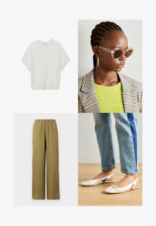 Balta trumpa rankovėmis marškinėliai su plačiu apykakle ir tekstūruotu gumbelių raštu, pagaminti iš minkštos medžiagos, pasižymintys laisvu siluetu ir tvarkingu dizainu.; Kaki spalvoti plačios kojos kelnės su elastingu juosmeniu, pagamintos iš minkštos medvilnės medžiagos. Turi šonines skyles ir tiesią kirpimo liniją, siūlančią laisvą prigludimą.; Šviesiai rožiniai slingback baleto bateliai su smailiu pirštu, pagaminti iš lygios odai panašios medžiagos. Yra išpjovimų detalės šonuose ir plokščias kulnas.; Skaidrios katės akių saulės akiniai su ruda objektyvo spalva ir skaidriais rėmeliais. Modelis vilki žalią raštuotą viršutinę dalį ir languotą švarką. Auksinės apskritos auskarai.