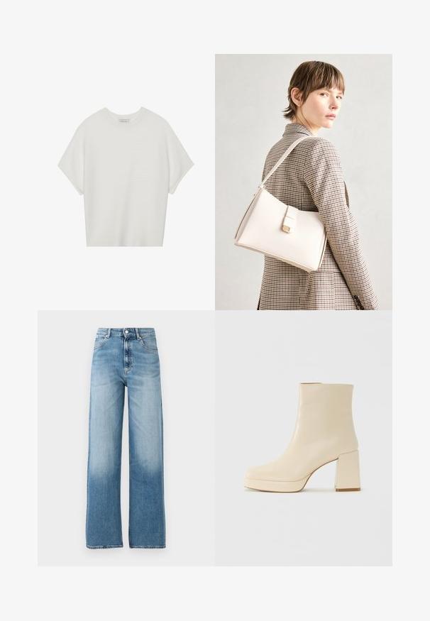 Bela majica s kratkimi rokavi in širokim ovratnikom ter teksturiranim rebrastim vzorcem, izdelana iz mehke tkanine, z udobnim krojem in čistim dizajnom.; Svijetloplave, široke traperice s visokim strukom. Napravljen od denima, s kopčanjem na gumb i pet džepova. Izbjeljuju se prema dnu.; Bež usnjena gležnjarica z blok peto in platformo, gladka površina in rahlo kvadratni prst, obrnjena levo na belem ozadju.; Bela usnjena torba s strukturirano zasnovo, opremljena z magnetnim zapiranjem in naramnico, prikazana na nevtralni ozadju.
