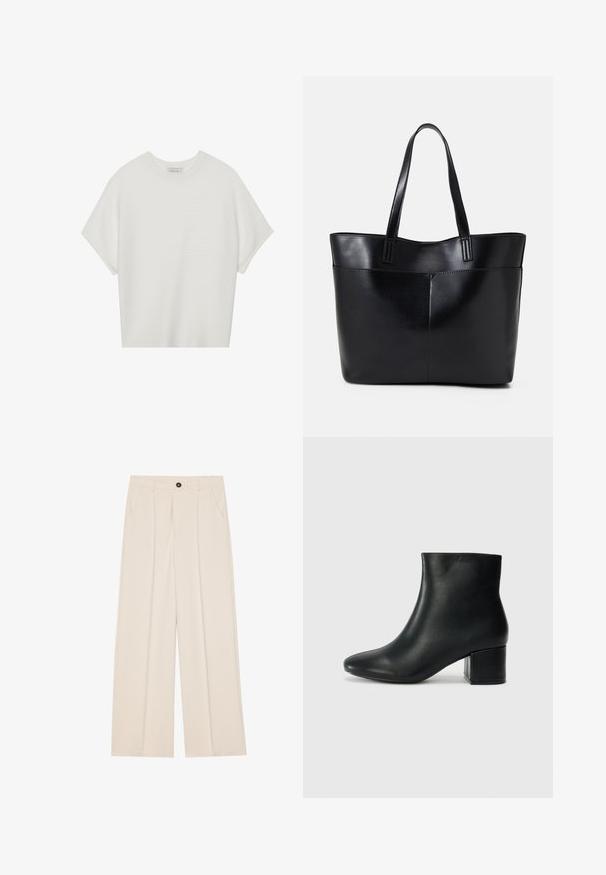 White short-sleeve t-shirt with a wide crew neck and textured ribbed pattern, made of soft fabric, featuring a relaxed fit and a clean design.; High-waisted, wide-leg trousers in cream fabric, featuring two side pockets, a single front button, and front pleats for added detail.; Black leather ankle boots with a pointed toe and a chunky heel. Smooth texture with minimal accents and a sleek, fitted design.; Black leather tote bag with two long handles, a smooth texture, and a structured shape. Features a front pocket for additional storage.