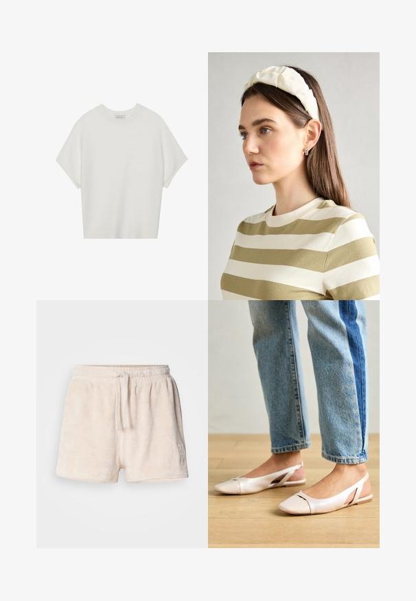 Balta īsā piedurknē T-krekls ar plašu apļa kaklu un teksturētu ribu rakstu, izgatavots no mīksta auduma, ar brīvu piegriezumu un tīru dizainu.; Krēmkrāsas flīsa šorti ar elastīgu jostu, aukliņu aizdari un izšuvumu apakšējā kreisajā stūrī. Mīksts, teksturēts audums.; Bālti rozā siksniņu dzīvokļi ar smailu purngalu, izgatavoti no gludas ādas līdzīgās materiāla. Iezīmē izgriezumu detaļas sānos un platu papēdi.; Krēma krāsas pildīta galvassega ar uztinuma dizainu, apvienota ar bēša un baltā svītrainā krekla ar apaļu izgriezumu. Smalkas rotaslietas akcenti.