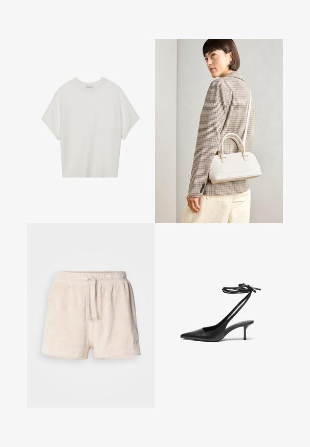 Bijela majica kratkih rukava s širokim okruglim izrezom i teksturiranim rebrastim uzorkom, izrađena od mekog materijala, s opuštenim krojem i čistim dizajnom.; Krém kratke hlače od flisa s elastičnim pojasom, zatvaranjem na vezanje i izvezanim detaljem na donjoj lijevoj strani. Nježna, teksturirana tkanina.; Crne kožne štikle s šiljastim vrhom, otvorenim leđima i remenčićima koji su vezani u mašnu. Tanak potplat visine 7,5 cm. Glatka tekstura, minimalistički dizajn.; Bijela strukturna torba s kratkim ručkama i remenom za rame, s zlatnim metalnim detaljima i teksturiranim materijalom, prikazana na sivoj pozadini.